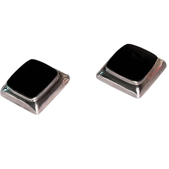 Vintage Taxco Mexico Sterling Silver Onyx Earrings 1.5 In. Square Modernist - Picture 1 of 11